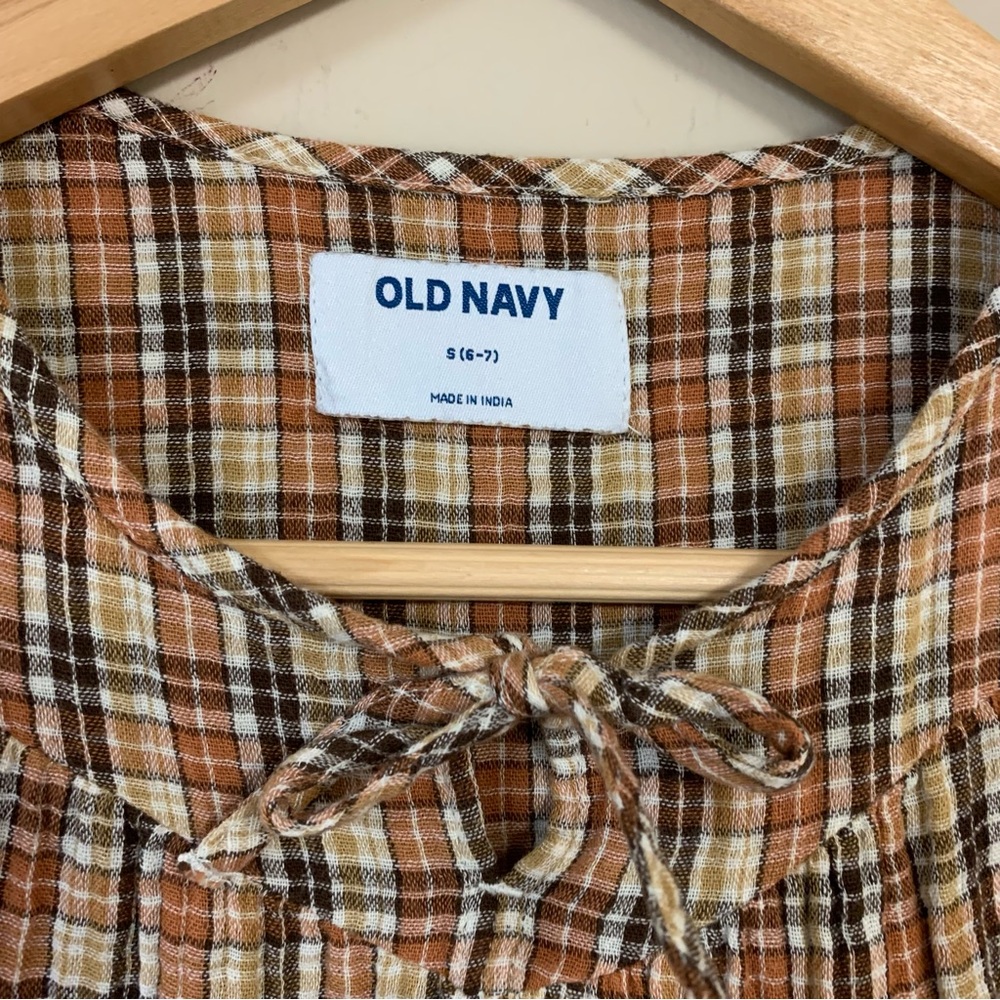 🆕 Old Navy Dress Girl’s 6-7 Plaid Ruffle Neutral Boho Brown Fall Preppy Crinkle - Picture 5 of 7